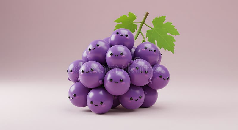 Raisins adorables de Kawaii : Un délicieux amas de fruits pourpres souriants image stock