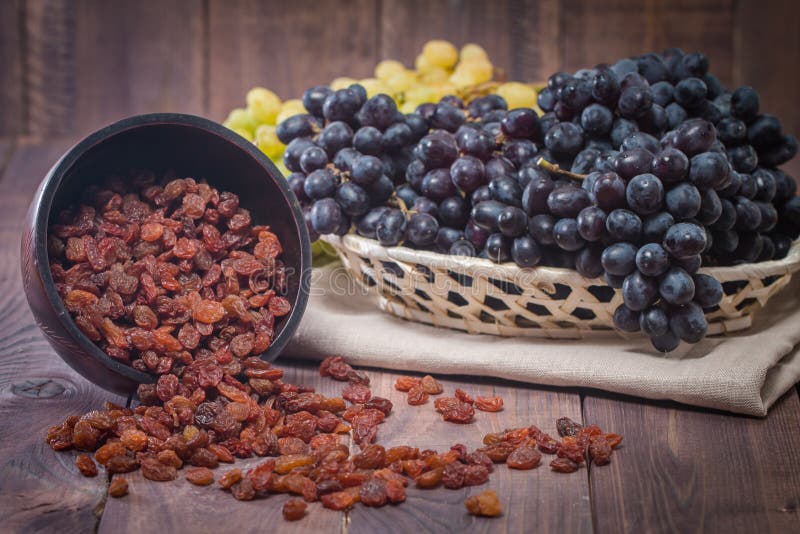 Raisins in bowl and grapes stock photo. Image of snack 58850870