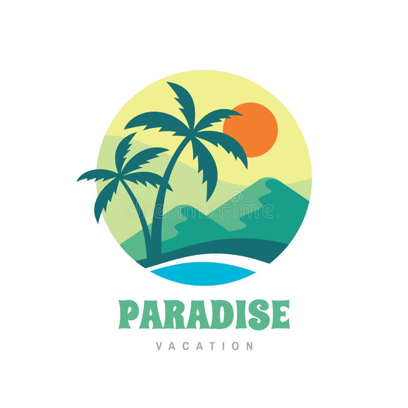 Raju wakacje - pojęcie biznesowego logo wektorowa ilustracja w mieszkanie stylu Tropikalnego wakacje letni kreatywnie logo Palmy