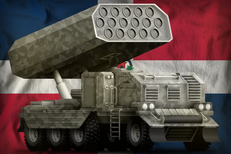 Raketartillerie, raketlanceerinrichting met grijze camouflage op de nationale de vlagachtergrond van de Dominicaanse Republiek 3D vector illustratie Raketartillerie, raketlanceerinrichting met grijze camouflage op de nationale de vlagachtergrond van de Dominicaanse Republiek 3D vector illustratie