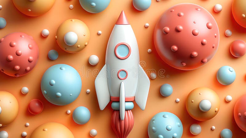 Raketenabschuss 3D-Darstellung. Raumschiff, das auf hellgrauem Hintergrund ausfliegt, mit Kopierplatz für Textai.