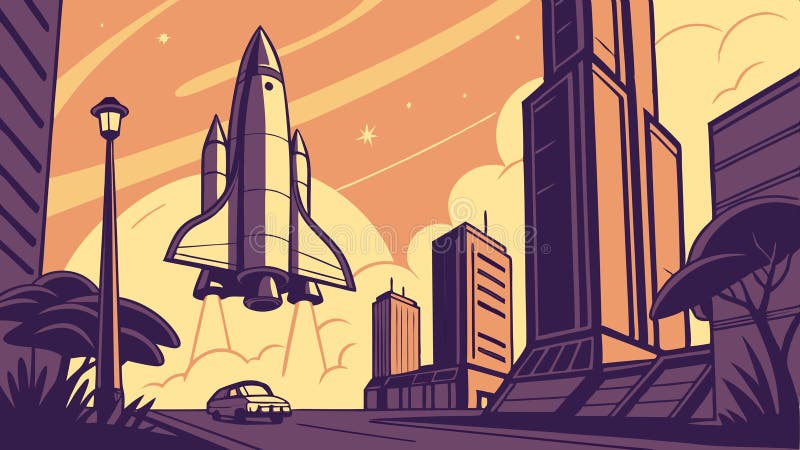 Raketlansering i framtida projektering av prospekteringssystem för stadsrymden Generativ AI. Futuristisk vektorillustration av en raketuppskjutning i en pulserande stad som symboliserar rymdprospektering. Perfekt för teknik- och innovationsteman för teknik- och innovationsteknik, spännande och framåtsyftande vektordesign Generativ AI