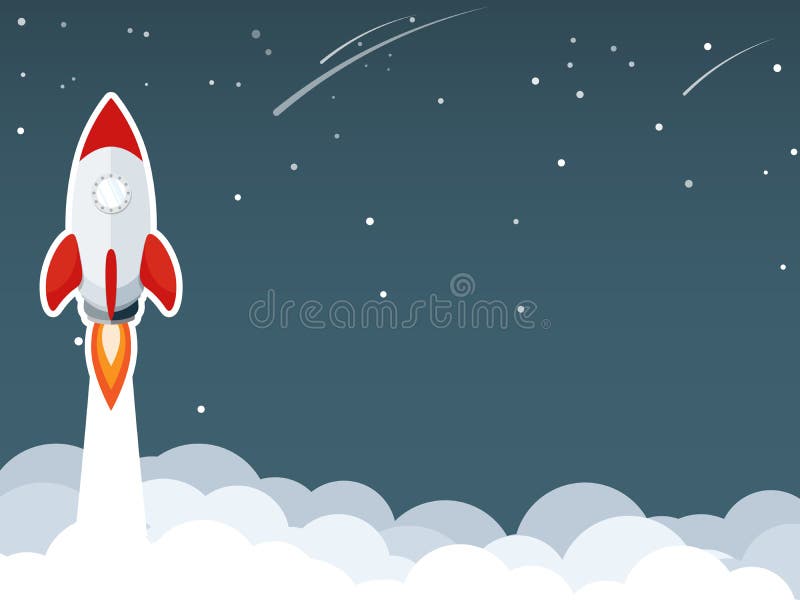 Raketlanseringen på himmelmolnet, det guld- myntet som faller från plan vectorrocket för himmel, startar upp lanseringen, start f vektor illustrationer