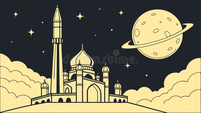 Raketstart över moskén under Moonlit Sky Vector-vektordesign Generativ AI vektor illustrationer