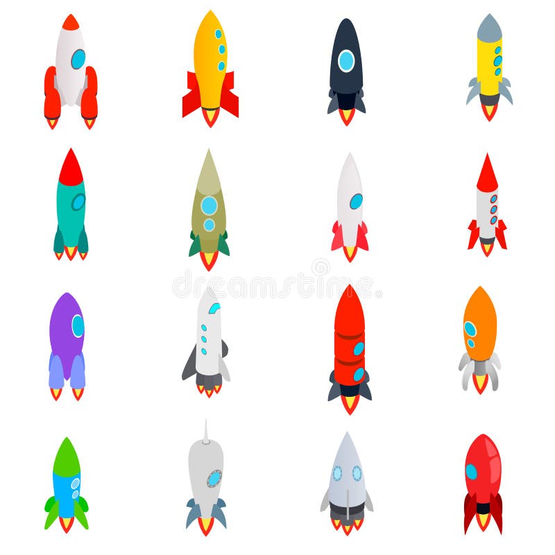 Raketsymbolsuppsättning i isometrisk stil 3d stock illustrationer Raketsymbolsuppsättning i isometrisk stil 3d stock illustrationer