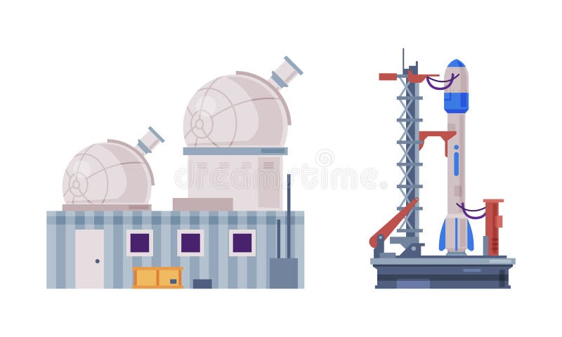 Rakieta kosmiczna i budynek obserwatorium. badanie ilustracji wektorowej technologii galaktyk i przestrzeni kosmicznej ilustracji
