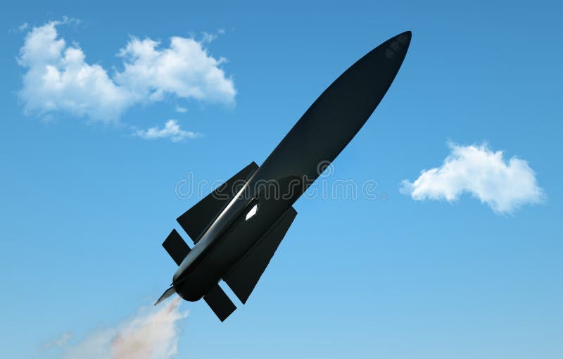 Rakieta w locie na niebieskiego nieba tle Militarny pocisk w locie przeciw niebu głowica bojowa, atomowa bomba, substancja chemic royalty ilustracja Rakieta w locie na niebieskiego nieba tle Militarny pocisk w locie przeciw niebu głowica bojowa, atomowa bomba, substancja chemic royalty ilustracja