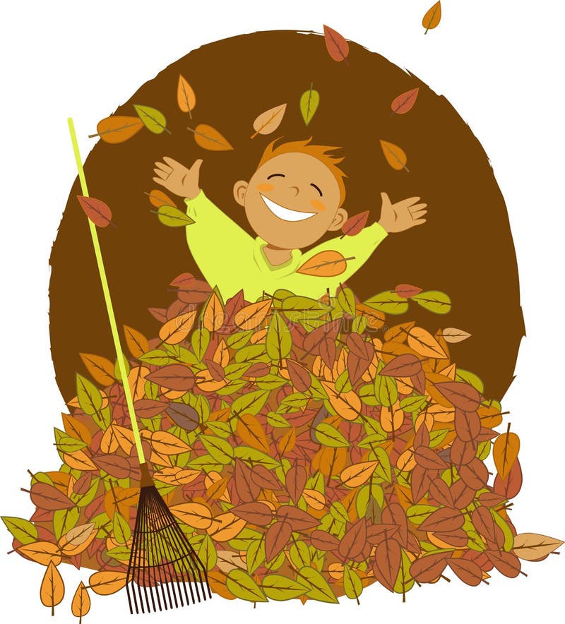 Happy little boy playing in a pile of fallen leaves, a rake lying near by, ...