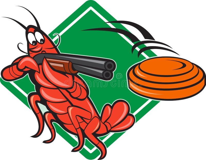 Illustration of a crayfish lobster skeet target shooting using shotgun rifle aiming at flying clay disk with diamond shape in background done in cartoon style. Illustration of a crayfish lobster skeet target shooting using shotgun rifle aiming at flying clay disk with diamond shape in background done in cartoon style.