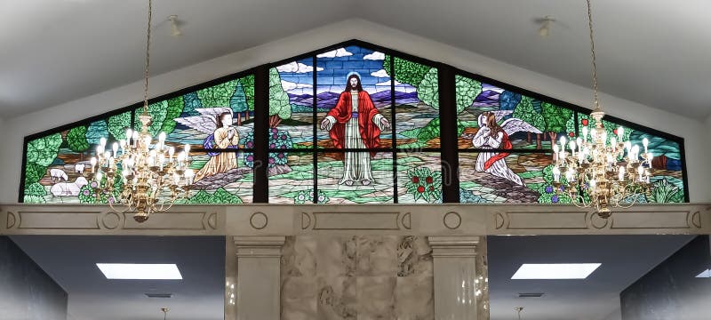 RALEIGH, NC - January 4, 2015: Stained glass window in the Raleigh Memorial Park Mausoleum of Raleigh, North Carolina, United Sta