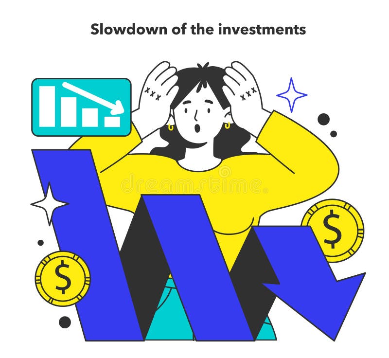 Slowdown of the investments as a negative aspect of high unemployment rate. Problem of occupancy, job offer and workplace shortening. Economy theory. Flat vector illustration. Slowdown of the investments as a negative aspect of high unemployment rate. Problem of occupancy, job offer and workplace shortening. Economy theory. Flat vector illustration