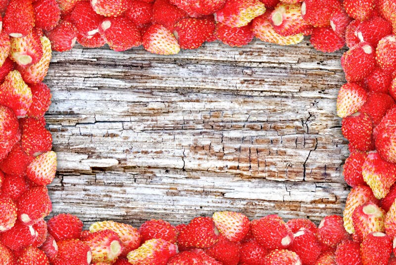 Frame of wild strawberries on the background texture of wood. Frame of wild strawberries on the background texture of wood.