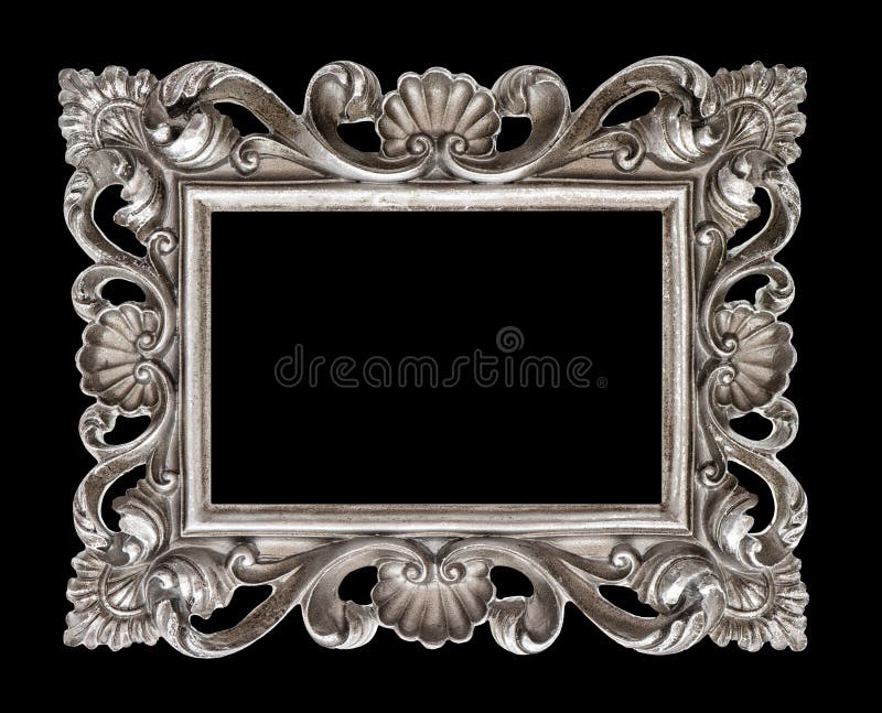 Ram för bild för stil för tappningsilver som barock isoleras över svart royaltyfri fotografi