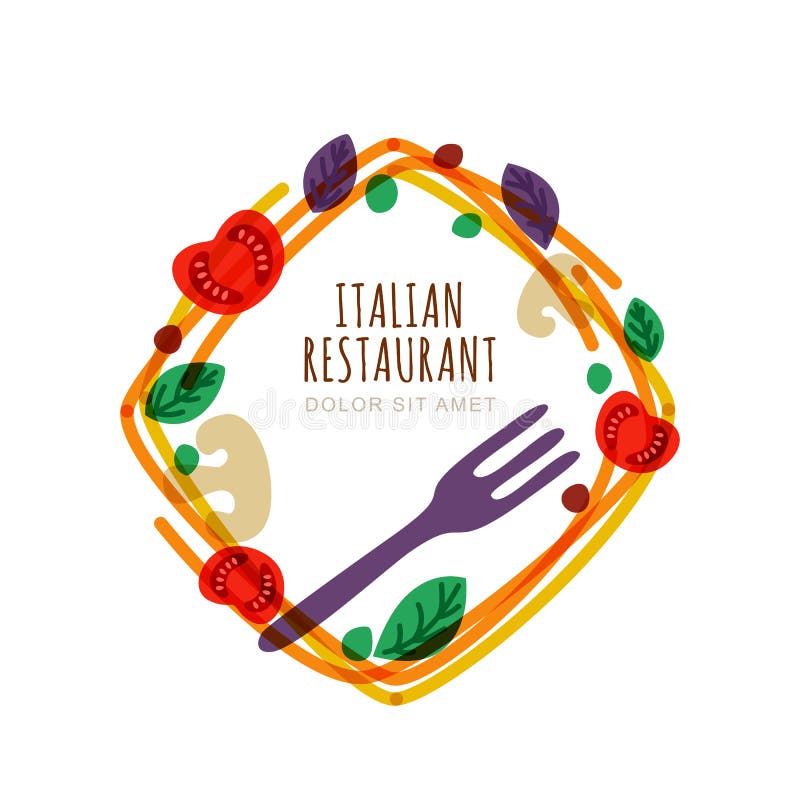 Hand drawn doodle isolated frame with italian spaghetti, tomato, basil, fork. Vector logo, emblem design template. Concept for pasta label, restaurant menu, cafe, fast food or pizzeria. Hand drawn doodle isolated frame with italian spaghetti, tomato, basil, fork. Vector logo, emblem design template. Concept for pasta label, restaurant menu, cafe, fast food or pizzeria.