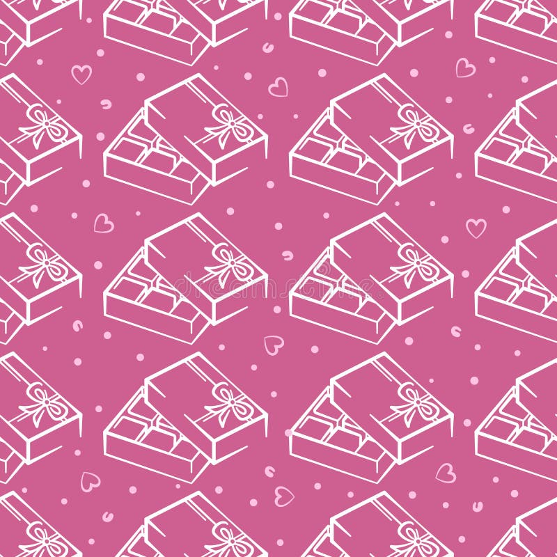 Box of candies vector seamless pattern on pink background. Pink and white holiday background hand-drawn. Design for wrapping, print. Box of candies vector seamless pattern on pink background. Pink and white holiday background hand-drawn. Design for wrapping, print