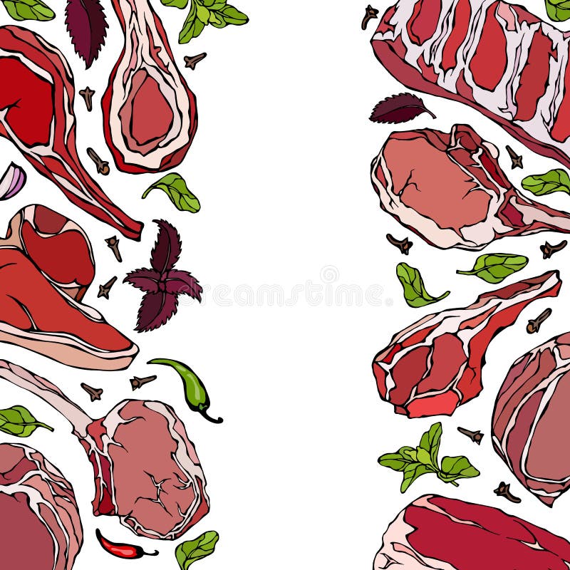Ram med köttprodukter Restaurangmeny eller slaktare Shop Template Nötköttbiff, lamm, grisköttstöd också vektor för coreldrawillus royaltyfri illustrationer Ram med köttprodukter Restaurangmeny eller slaktare Shop Template Nötköttbiff, lamm, grisköttstöd också vektor för coreldrawillus royaltyfri illustrationer