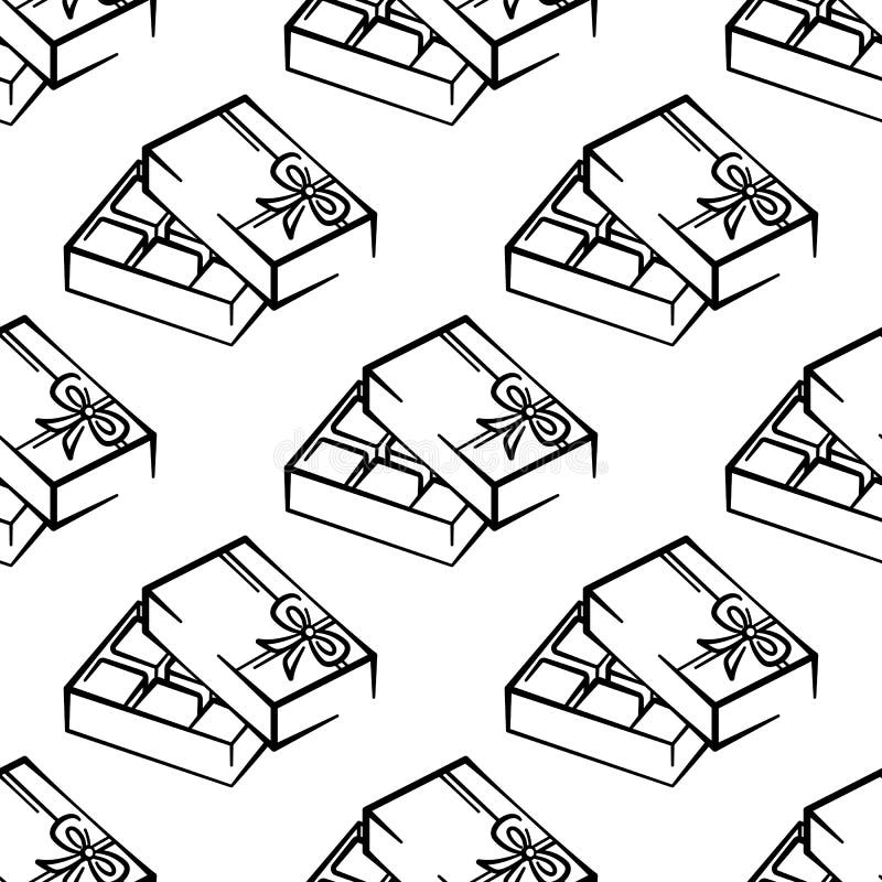 Box of candies vector seamless pattern on white background. Black and white holiday background hand-drawn. Design for textile, wrapping, print. Box of candies vector seamless pattern on white background. Black and white holiday background hand-drawn. Design for textile, wrapping, print