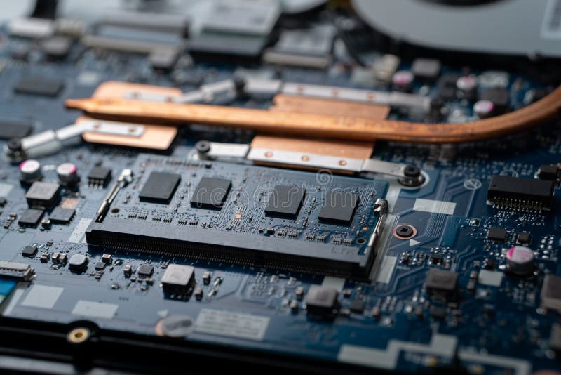 RAM memory and other components on the laptop pc main board royalty free stock image