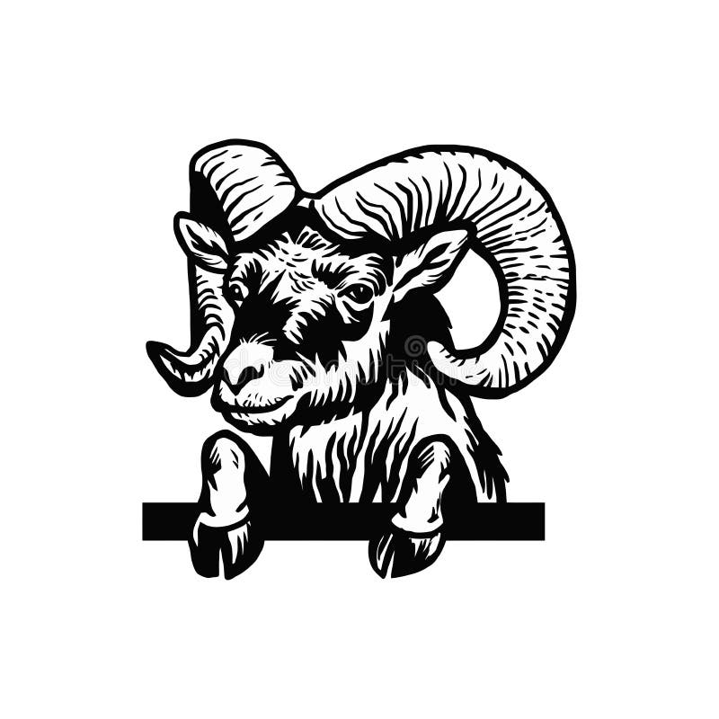 Ram - Peeking Ram head grafico disegnato a mano Ingranatura di catrame con animali da allevamento per imballaggi in mercati e neg royalty illustrazione gratis