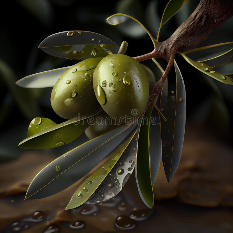 Rama de olivo con aceitunas verdes húmedas de la mañana rocio generó inteligencia artificial ai