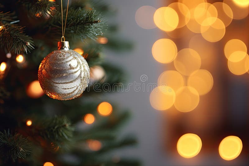 Rama de árbol de navidad sobre fondo de bokek. espacio de copia. contenido de ai generativo. Decoraciones navideñas en una rama de un árbol de navidad sobre fondo de bokeh brillante y borroso. espacio para texto. contenido de ai generativo generado.