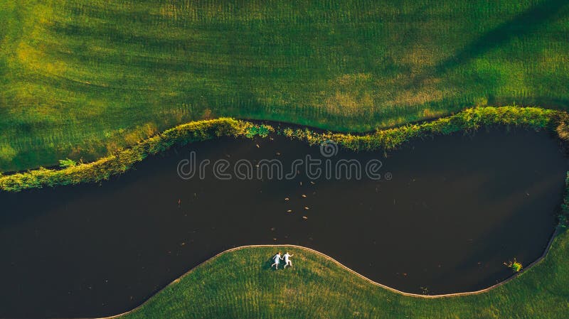Rama strzał od trutnia pary mienie wręcza lying on the beach na trawie obraz royalty free Rama strzał od trutnia pary mienie wręcza lying on the beach na trawie obraz royalty free