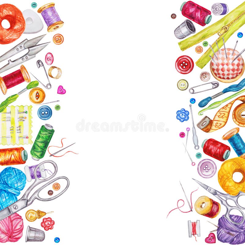 Rama szy narzędzia różnorodna akwarela kit bawełny igła szwalny naparstek ilustracji Rama szy narzędzia różnorodna akwarela kit bawełny igła szwalny naparstek ilustracji