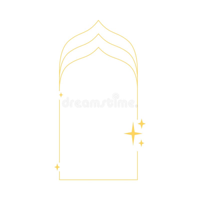 Ramadan arch frame, Boho line art, Islamic golden outline border with sparkle stars, oriental thin lines vector design stock illustration
