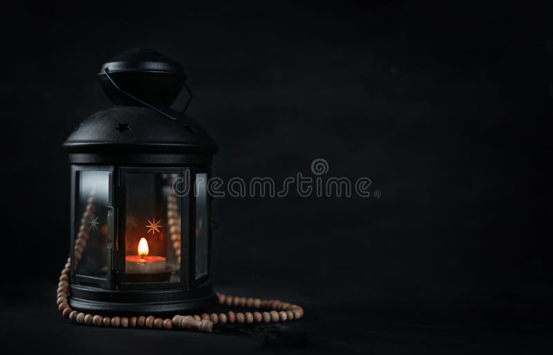 Ramadan Candle Lantern with Wooden Prayer Beads Room For Text