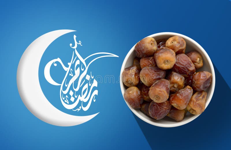 Ramadan Fasting Dates with Crescent over Blue Vivid Background. Ramadan Fasting Dates with Crescent over Blue Vivid Background