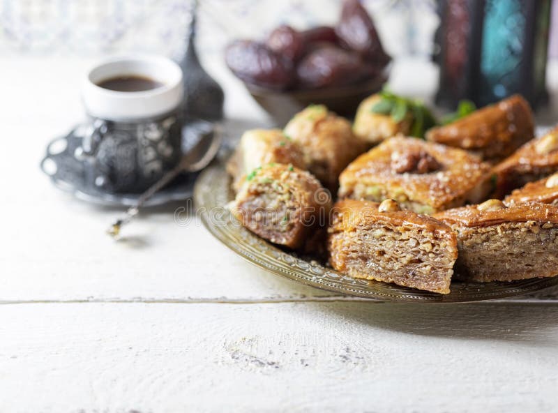 Ramadan Kareem With Arabic Coffee And Traditional Arabic Dessert ...