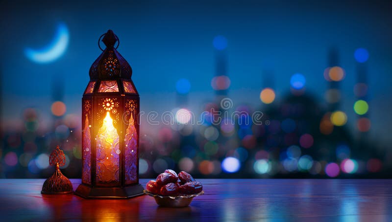 Ramadan Kareem Arabiska Lantern på natten med crescent Moon avskärmad moské på bakgrunden royaltyfri foto