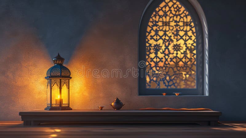 Ramadan kareem background mesque window com relâmpago e mesa de madeira. ai generativo ilustração royalty free