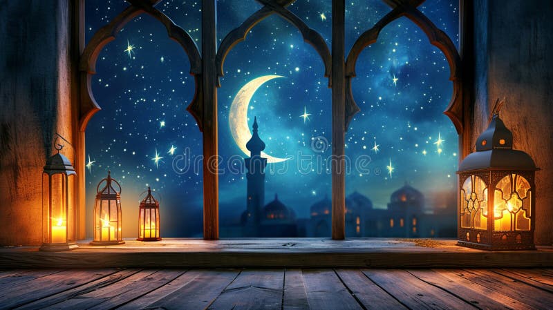 Ramadan kareem background mesque window com relâmpago e mesa de madeira. ai generativo ilustração stock