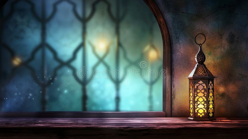 Ramadan kareem background mesque window com relâmpago e mesa de madeira. ai generativo ilustração royalty free