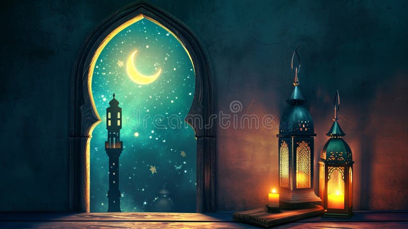 Ramadan kareem background mesque window com relâmpago e mesa de madeira. ai generativo ilustração royalty free