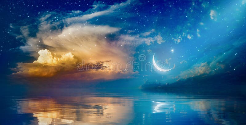 Ramadan Kareem bakgrund med halvmånformigt, stjärnor och det glödande molnet arkivbilder