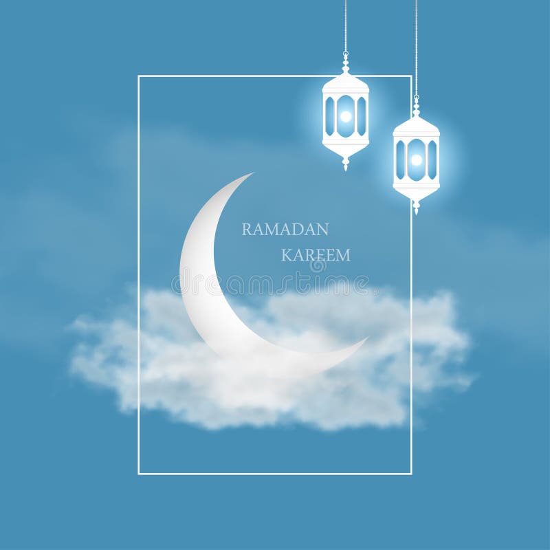 Ramadan Kareem greeting card with islamic crescent, arabic lantern Fanus and frame on sky background with clouds. Vector