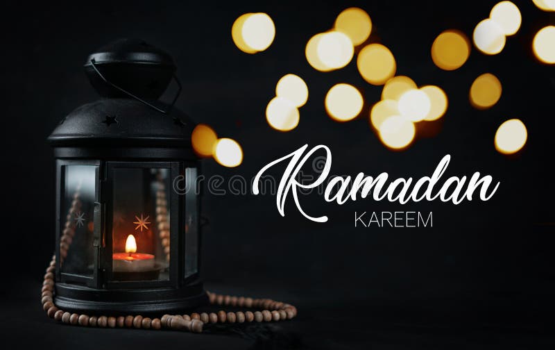 Ramadan Kareem Greeting Typography Beautiful Bokeh. Ramadan Candle Lantern with Wooden Prayer Beads