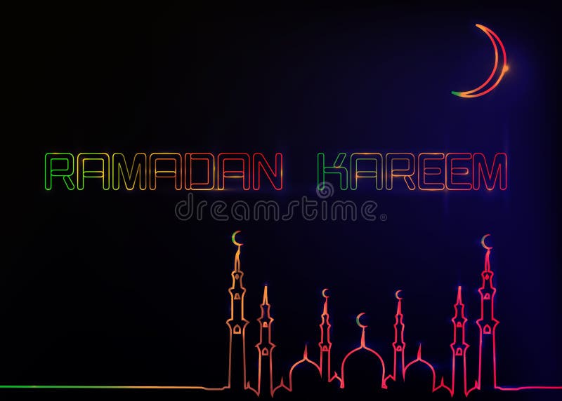 Ramadan Kareem h?lsningkort, stil f?r neontecken Designmall, ljust baner, nattneonannons med den v?xande m?nen av mosk?n royaltyfri illustrationer Ramadan Kareem h?lsningkort, stil f?r neontecken Designmall, ljust baner, nattneonannons med den v?xande m?nen av mosk?n royaltyfri illustrationer