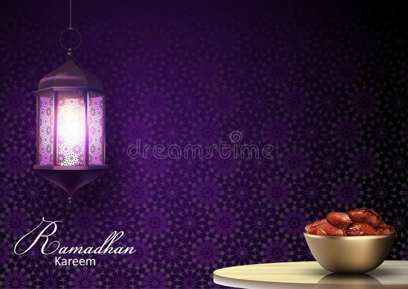 Ramadan Kareem hälsningar med att hänga för lyktor och en bunke av data på matställetabellen stock illustrationer Ramadan Kareem hälsningar med att hänga för lyktor och en bunke av data på matställetabellen stock illustrationer