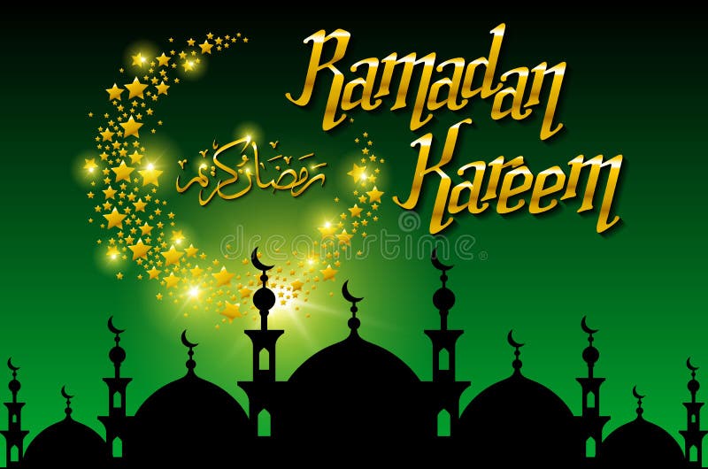 Ramadan Kareem hälsningkort med halvmånen och stjärnan, guld- färgvektorillustration royaltyfri illustrationer Ramadan Kareem hälsningkort med halvmånen och stjärnan, guld- färgvektorillustration royaltyfri illustrationer