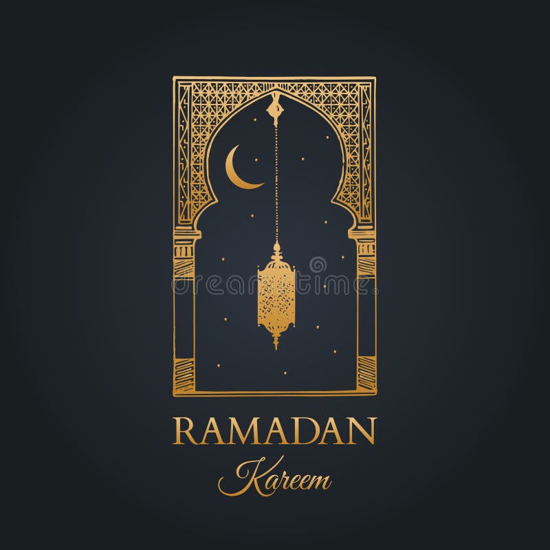 Ramadan Kareem kartka z pozdrowieniami z kaligrafią Wektorowa ręka kreślił orientalnego łuk, lampion, nów i gwiazdy, royalty ilustracja Ramadan Kareem kartka z pozdrowieniami z kaligrafią Wektorowa ręka kreślił orientalnego łuk, lampion, nów i gwiazdy, royalty ilustracja