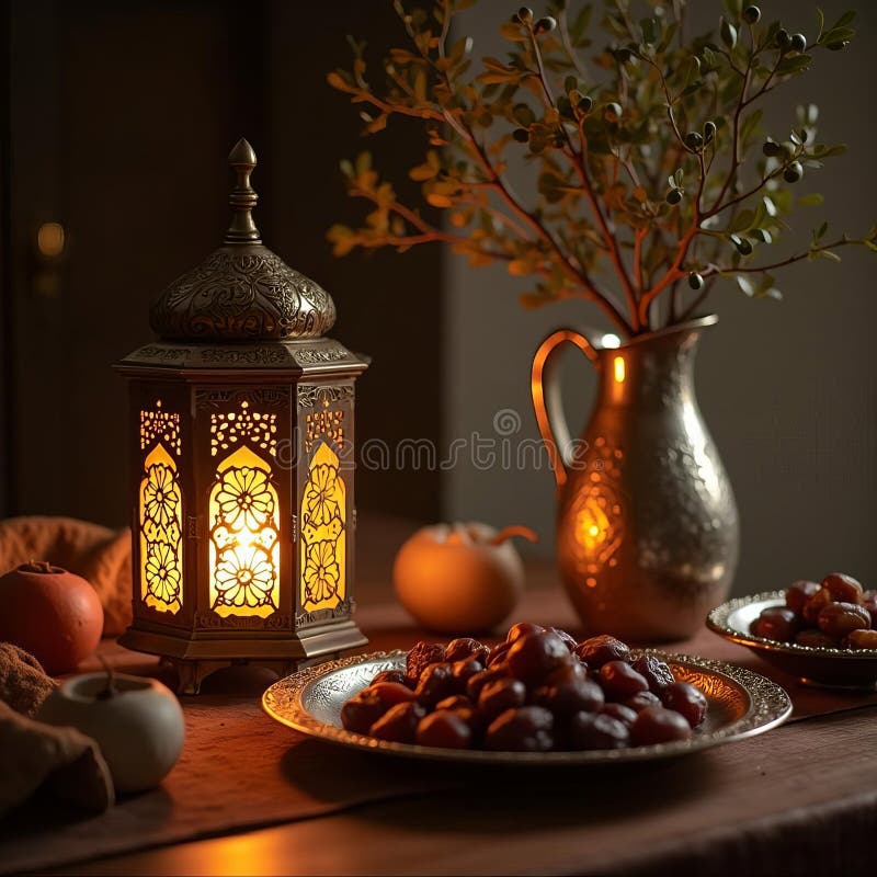Ramadan Kareem lantern. Gloserande prydnadslampor. Olivträdsgrenar i silverjugvas. Datum för silverbricka. Iftar-middag. Eid Mubarak Eid ul Fitr helgdag. Kopiera utrymme