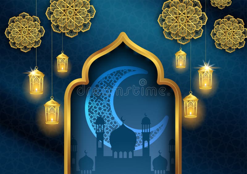 Ramadan kareem lub eid Mubarak kartki z pozdrowieniami islamski projekt z złocistym lampionem ilustracja wektor