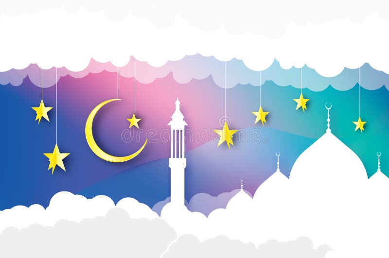 Ramadan Kareem Mesquita branca árabe O céu com nuvens, ouro protagoniza no estilo do corte do papel Lua crescente Origâmi que cum ilustração stock Ramadan Kareem Mesquita branca árabe O céu com nuvens, ouro protagoniza no estilo do corte do papel Lua crescente Origâmi que cum ilustração stock