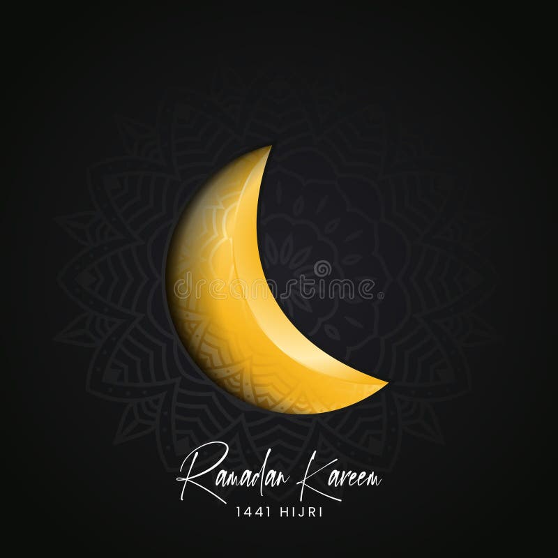 Ramadan Kareem met gouden halve maan en mandala-versiering in zwarte 3d realistische stijl stock illustratie Ramadan Kareem met gouden halve maan en mandala-versiering in zwarte 3d realistische stijl stock illustratie