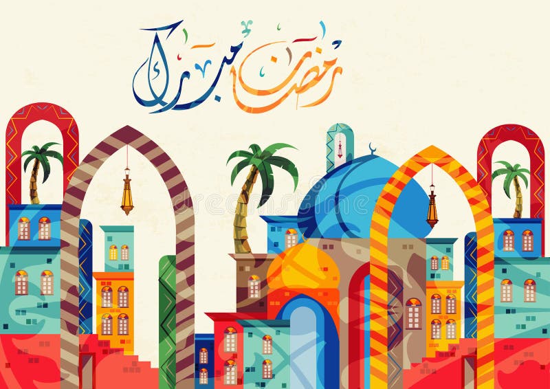 Ramadan Kareem piękny kartka z pozdrowieniami z Arabską kaligrafią która znaczy `` Ramadan Kareem `` - Islamski tło z lampionami
