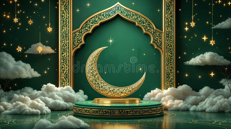 Ramadan kareem podium realist cu nor cu fond verde cu semilună de aur și stele royalty free illustration