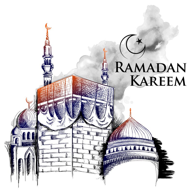 Ramadan Kareem Ramadan Wielkoduszni powitania dla islamu festiwalu religijnego Eid z freehand nakreślenie mekki budynkiem royalty ilustracja Ramadan Kareem Ramadan Wielkoduszni powitania dla islamu festiwalu religijnego Eid z freehand nakreślenie mekki budynkiem royalty ilustracja